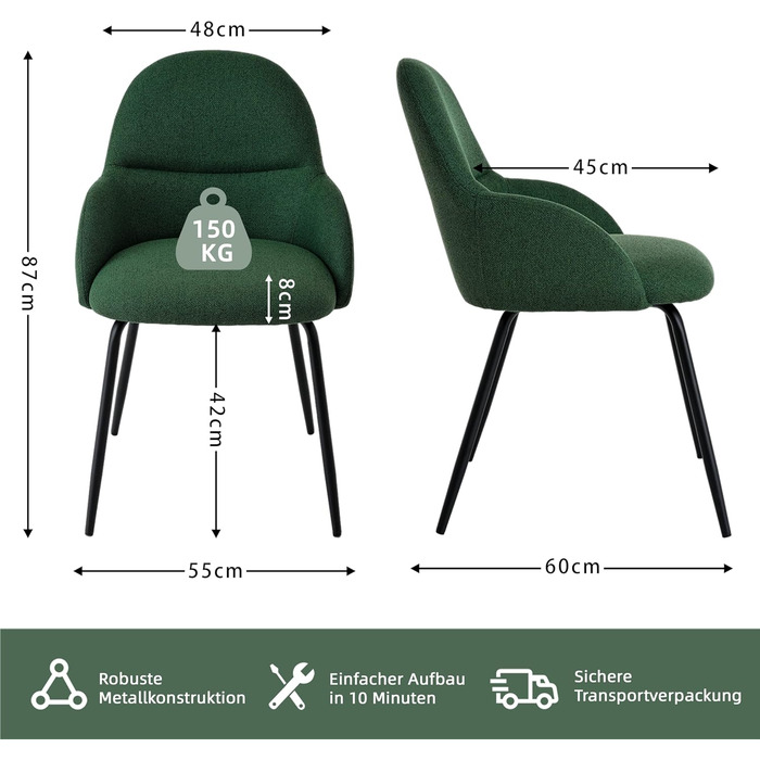 Набір обідніх стільців з підлокітниками – 6 шт. Ергономічні м'які стільці з тканинним покриттям та металевими ніжками для кухні, вітальні, їдальні, Бежевий (Leinen Tannengrün)