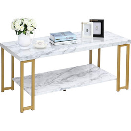 Журнальний столик LIFEZEAL Marble Look, прямокутний стіл для вітальні з полицею, 2-рівневий журнальний столик у металевому каркасі, журнальний столик Журнальний столик сучасний 100x49x45 см, білий і золотий