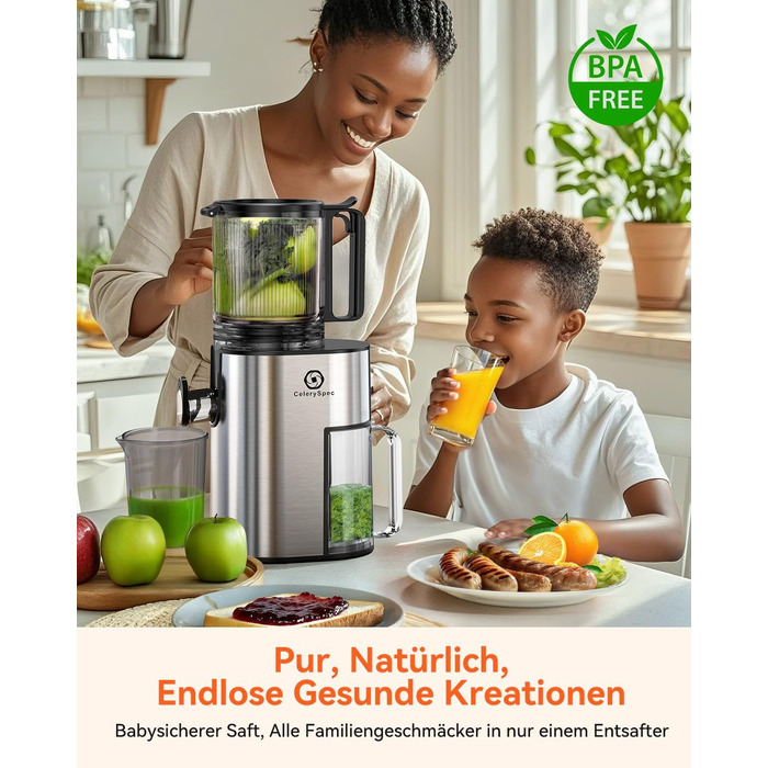 Шовковий відцентровий соковичавник - переможець тесту, для цілих овочів та фруктів, 130 мм завантажувальний отвір, 1.8л, BPA-free, 250W, функція зворотного ходу, легке очищення, нержавіюча сталь, чорний