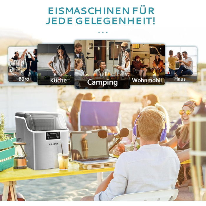 Машина для приготування льоду EUHOMY з нержавіючої сталі, 24 кубики за 13 хвилин, 24 кг/24 год, самоочисна, 3.2 л, з лопаткою та кошиком для дому/кухні/офісу/бару/RV, срібна