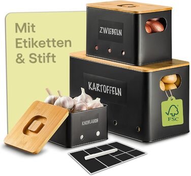 Набір контейнерів для зберігання картоплі, цибулі та часнику Praknu - 3 шт. з бамбуковими кришками, вентиляційні отвори, з етикетками та ручкою