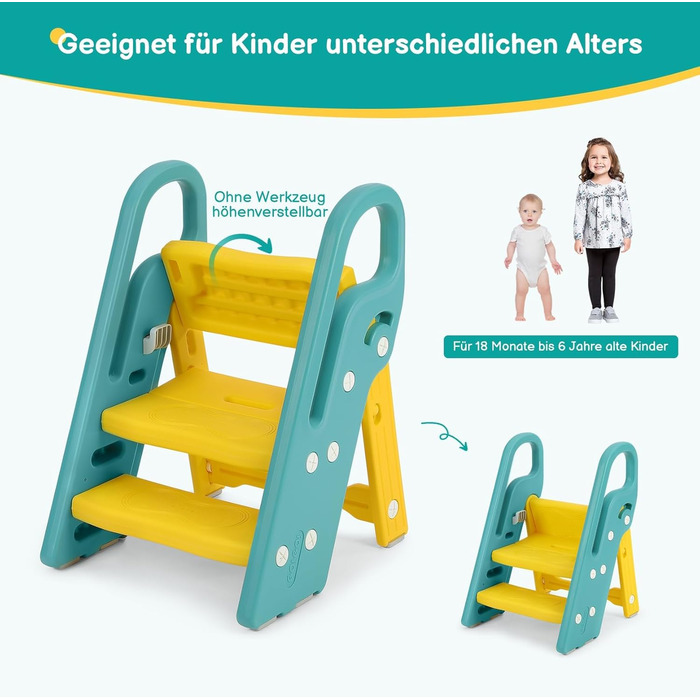 Дитячий трибуз/табурет Onasti, 2-3 сходинки, регульована висота, складаний, багатофункціональний (зелений)