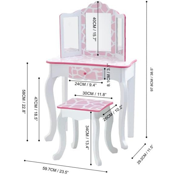 Дитячий туалетний столик Teamson з дзеркалом і табуреткою, туалетний столик TD-11670D рожевий/білий
