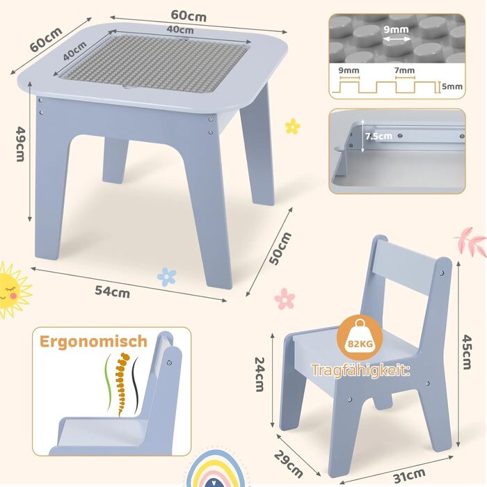 Дитячий стіл і стільці Clevich - комплект для дитячої кімнати (2 стільці, мальовальна дошка, органайзер), блакитний