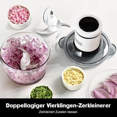 Електричний подрібнювач Zerkleinerer 400W з двома чашами 2л + 2л та двома лезами з нержавіючої сталі для м'яса, овочів, фруктів - білий