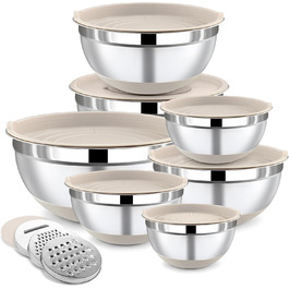 Набір місок для перемішування BEWOS 7 шт. з кришкою, нержавіюча сталь, з терткою, вкладна конструкція, розміри 0.5, 1, 1.4, 1.85, 2.35, 3.2, 4 л для змішування та подачі