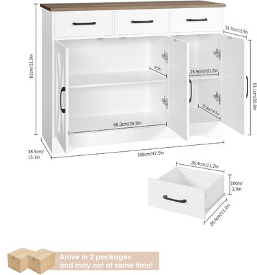 Сайдборд HOCSOK: кухонна шафа з 3 висувними ящиками та 3 дверцятами, буфет з робочою поверхнею, для кухні, їдальні, вітальні, дерево, білий & коричневий