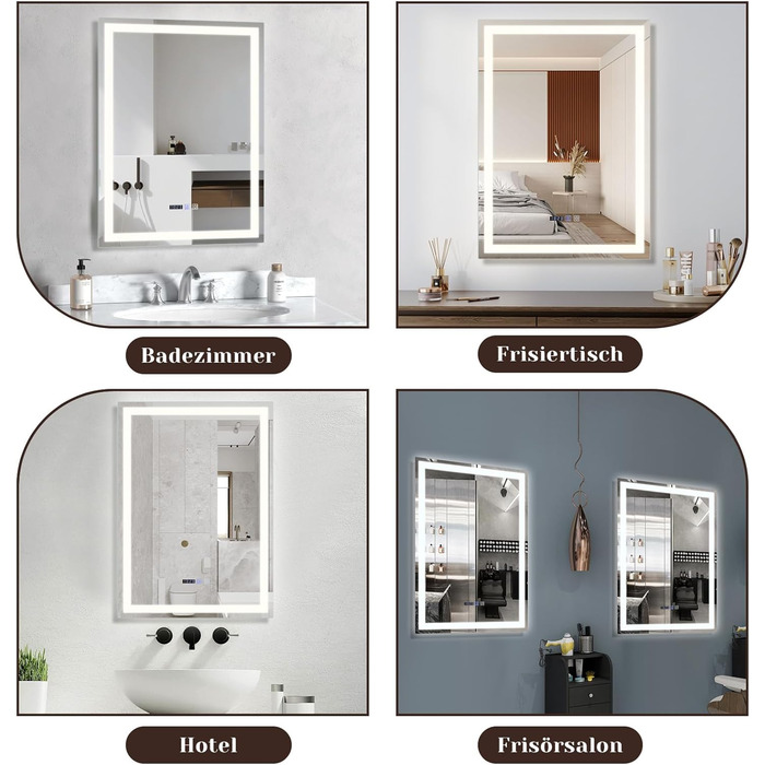 Дзеркало для ванної кімнати Mursche з підсвічуванням LED, 50x70 см, IP44, сенсорний вимикач, годинник, антизапар, регулювання яскравості 3000K-6500K