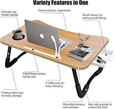 Столик для ноутбука на ліжко, складаний, з USB, ящик, підставка для планшета, тримач для напоїв, 60 x 40 см, колір дерева