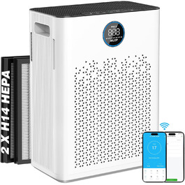 Повітряний фільтр з керуванням через додаток, HEPA H14, фільтр з активованим вугіллям, розумний очищувач повітря для дому з Alexa, для великих приміщень, Smart WiFi, KJ3-7S