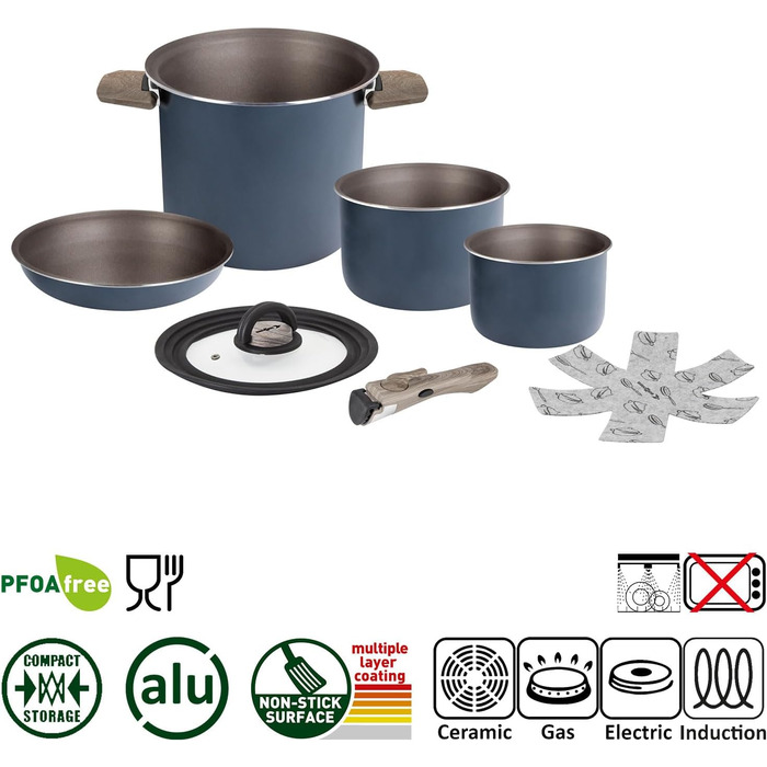 Набір посуду для кемпінгу BRUNNER Camping HOHES: каструлі та сковорідки з алюмінію (Ø 18, 20, 22 см), TORRALTA Vakublock, 2-4 особи, з покриттям, легкий, високоякісний, стікельний. 5+1-тильний набір