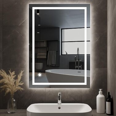 Дзеркало для ванної кімнати з підсвіткою 70x50 см | LED дзеркало | IP54 вологостійке | Сенсорне управління | Настінне дзеркало | Горизонтальна/Вертикальна установка