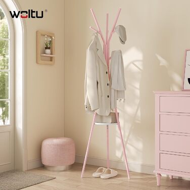 Вільна стійка для одягу WOLTU у формі дерева з полицею та 9 гачками, для одягу, шапок, сумок, біла, металева (рожева)