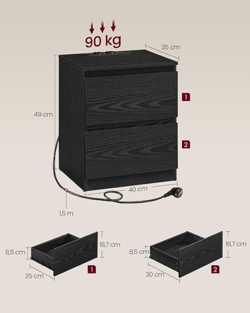 Приліжкова тумбочка VASAGLE Kailyn з розетками, 2 ящики, 2 AC-розетки, 2 USB-A порти, для спальні, хмарно-білий LET62W02