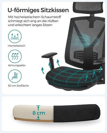 Офісний стілець SONGMICS з підставкою для ніг, ергономічний, з підтримкою попереку, регульованою головою та підлокітниками, регулюванням висоти та функцією гойдання, до 150 кг, чорний OBN61BKV1