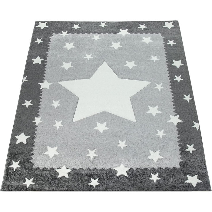 Домашній дитячий килим Paco, сіро-білий, для дитячої кімнати, з 3-мірною окантовкою, дизайн у вигляді зірок, м'який, міцний, Розмір (133 см в квадраті)