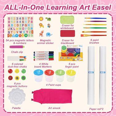 Дитяча мольберт Kinder Staffelei 3 в 1: регульована висота 95-125 см, ролик для паперу, двосторонній, з набором для малювання (100+ шт.), для дітей 3-8 років (рожевий)