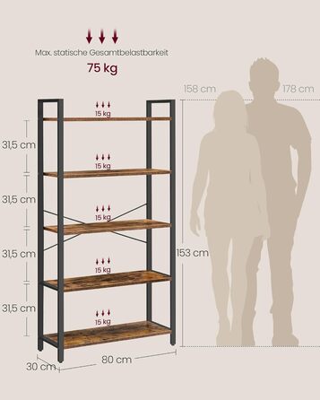 Стелаж VASAGLE Regal: 5 полиць, для офісу, вітальні, спальні, кухні, 30 x 80 x 153 см, вінтажний коричневий + чорний