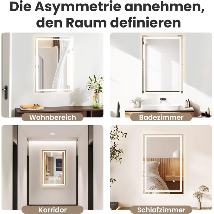 Дзеркало для ванної кімнати з підсвіткою 70x50 см | LED дзеркало | IP54 вологостійке | Сенсорне управління | Настінне дзеркало | Горизонтальна/Вертикальна установка