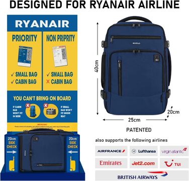 Рюкзак 40x20x25 для літака Ryanair Дорожній рюкзак Ручний багаж Багаж Ноутбук Денні рюкзаки ПЕТ Перероблений екологічно чистий рюкзак Водонепроникний під сидінням 20 л Жіночий маленький (синій 40x20x25см)