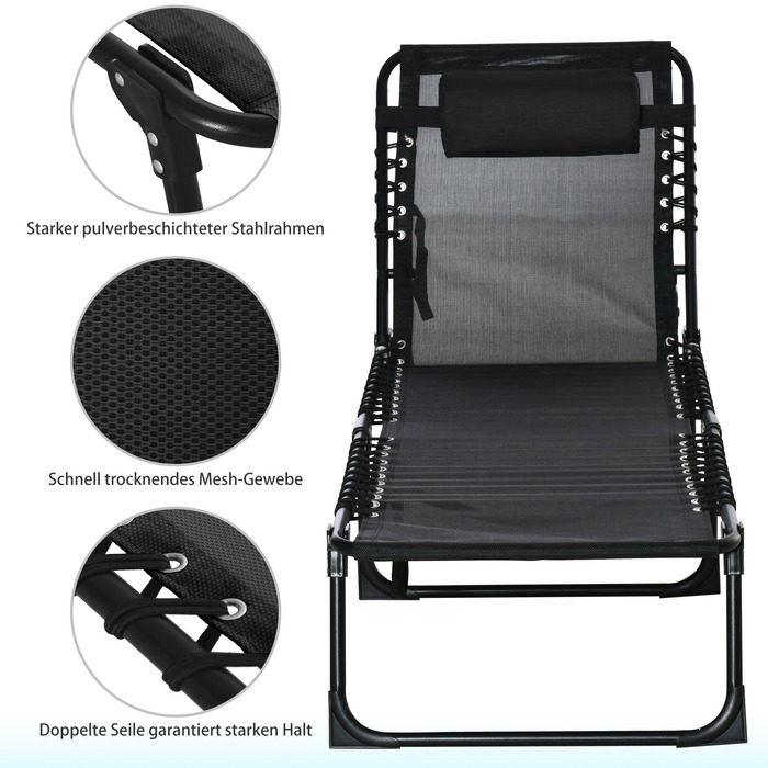 Шезлонг, розкладний, з дихаючою оббивкою, металевий каркас, 197 x 58 x 76 см, чорний