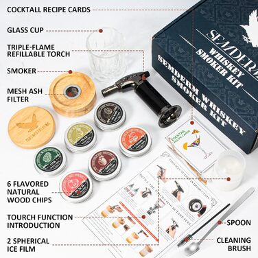 Набір для копчення віскі, ретро-дизайн, з ліхтариком, 6 смакових стружок, 2 склянки, 2 форми для льоду, коктейльний набір для копчення, подарунок для чоловіків, батька, набір для копчення бурбону