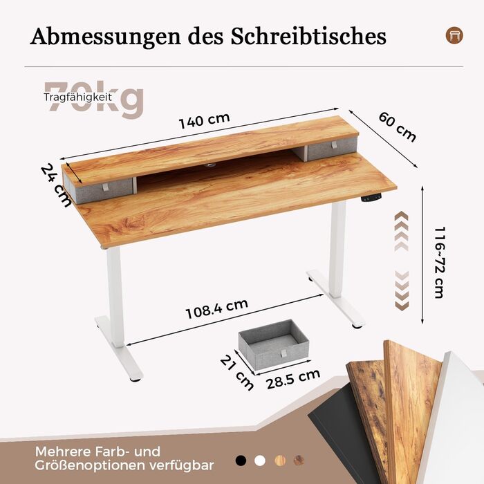 Регульований за висотою стіл Klicelor з двома ящиками, електричний, для офісу, 140 x 60 см