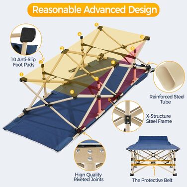 Розкладне кемпінгове ліжко Yaheetech для відпочинку та риболовлі, темно-синє, витримує до 150 кг, з кишенею та сумкою для транспортування