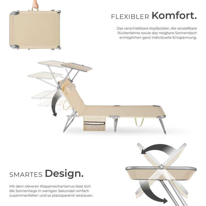 Лежанка для відпочинку Tectake®: розкладна, портативна, з кишенею, для саду, пляжу, кемпінгу - (Бежевий)