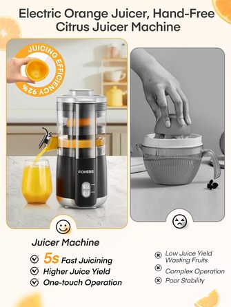 Електрична прес для цитрусових FOHERE, автоматична соковичавниця для апельсинів, грейпфрутів, лимонів, з потужним мотором 100W, без BPA, 2 конуси для різних фруктів, чорний
