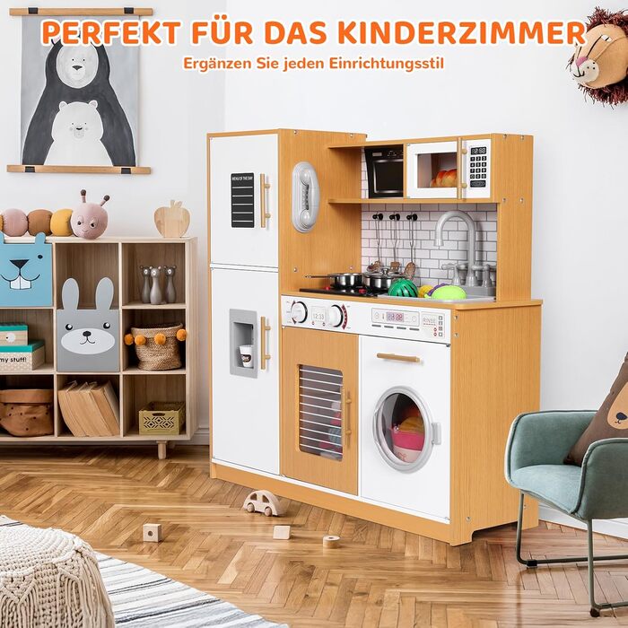 Дерев'яна дитяча кухня MAMIZO з підсвіткою та звуком, 82x80x25 см. Комплект аксесуарів, іграшка для дітей від 3 років, білий колір (біле дерево)