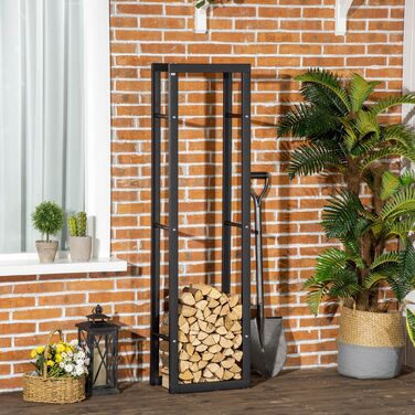 HOMCOM Металева полиця для дров 40 x 25 x 150 см. Полиця для зберігання дров, органайзер для штабелювання, міцна сталева конструкція, витримує до 100 кг. Захист дров від вологи, полиця для дров для саду, тераси, зовні. Чорний колір.