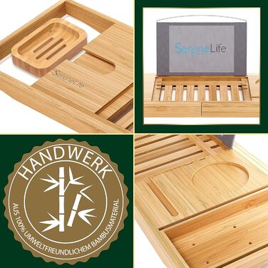 Поличка для ванни SereneLife з бамбука – висувна з подарунковою коробкою, антиковзаюча, для книг, вина, снеків та догляду за собою