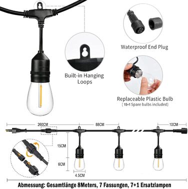 LED гірлянда для саду та тераси, вологостійка IP65, 15+1 лампочки E27, 2700K тепле біле світло, 8м, для вечірок та свят [Енергоклас G]