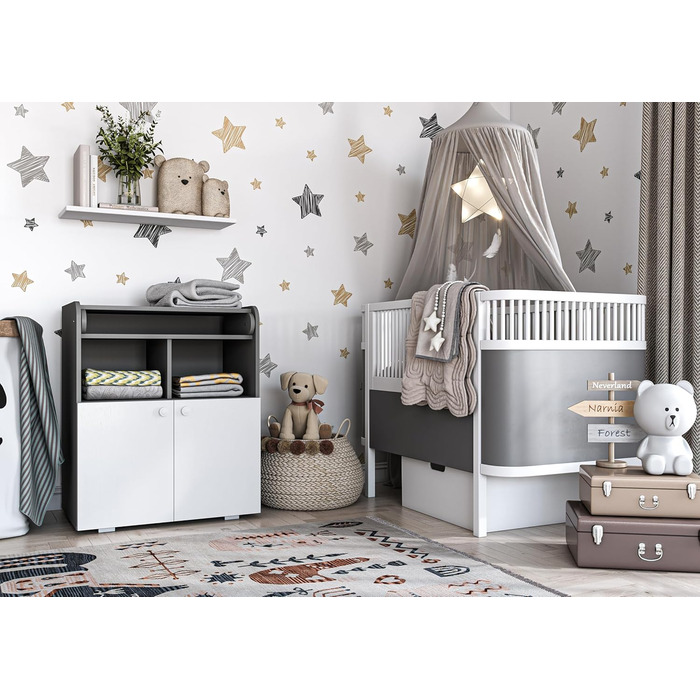 Комод для дитячої кімнати Shefa Wickelkommode 700 Teddy, білий - сучасний комод для немовлят, 47 x 70 x 86 см, білий/сірий
