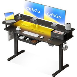 Регульований стіл OffiGo 140x60 см з L-подкоркой, USB-роз'ємом та висувною шухлядою. Чорний колір.