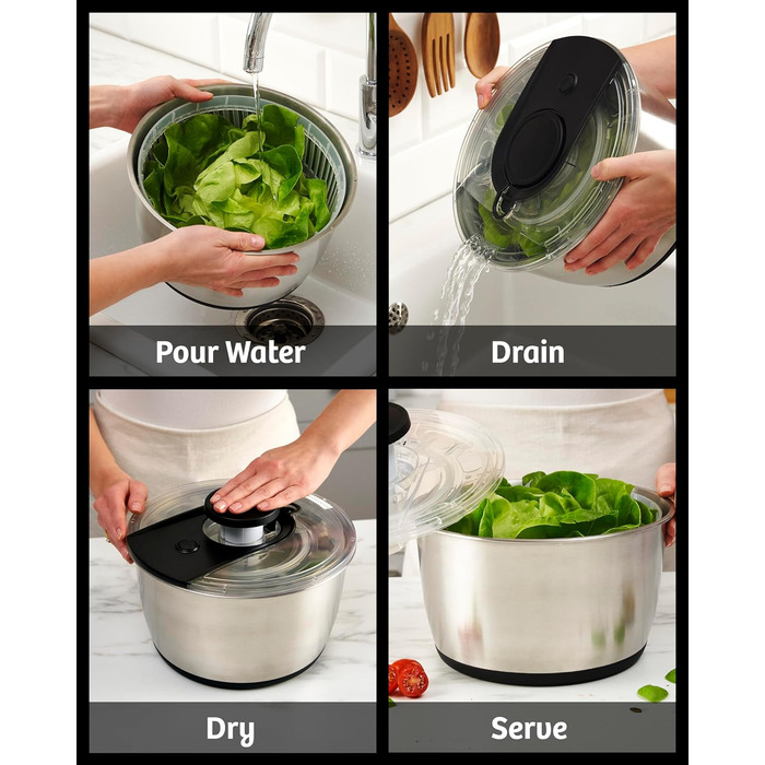 Салатниця-центрифуга з нержавіючої сталі, велика, 6.33 л: для миття та сушіння салатів, овочів та фруктів