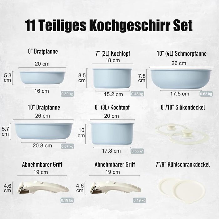 Набір посуду з антипригарним покриттям 11 предметів з знімними ручками: посуд для приготування їжі, сумісний з індукцією, газовою плитою, духовкою та посудомийною машиною, без PFAS (блакитний)