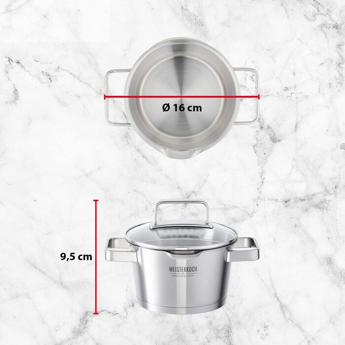 Каструля Meisterkoch з нержавіючої сталі 16 см з виливом, мірною шкалою та ізольованою ручкою | з кришкою з скла та ситом | кухонне приладдя, підходить для індукційних плит