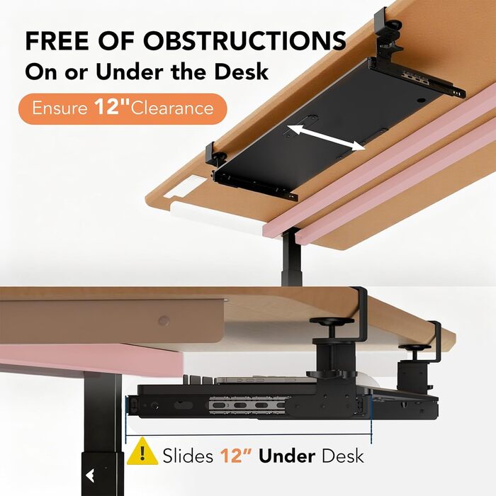 Висувна полиця під клавіатуру під стіл, чорна, з міцним C-кріпленням, 27.3x27.9 см (82.5 см з кріпленнями)