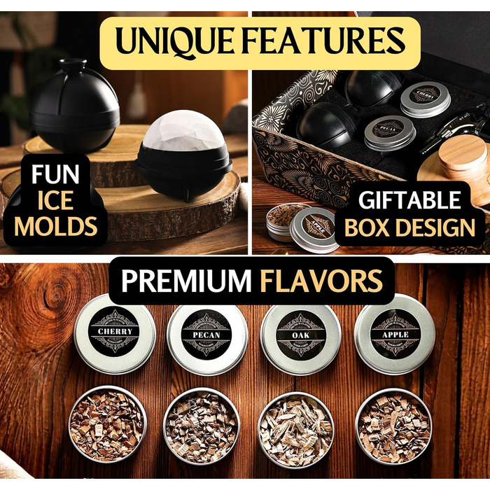 Набір для копчення коктейлів та віскі – Smoker Kit з лампою, формочками для льоду та стружкою деревини