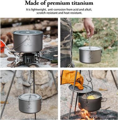 iBasingo 2.9L Титановий похідний казанок Titan з великою ємністю, туристична посудина для приготування їжі, легкий набір для кемпінгу, посуд для приготування їжі з складною ручкою, кухонні аксесуари для 1-3 осіб Ti2045C