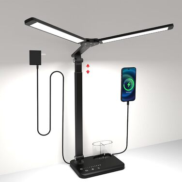iVict LED лампа настільна з двома головками, регульована висота, диммер, USB-порт, 5 режимів, для дітей, сенсорне керування, нічник, для читання, рукоділля, роботи