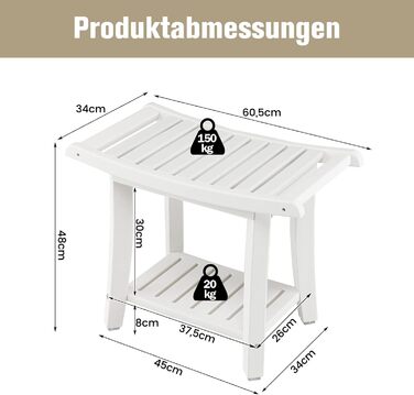 Двомісна душова лавка COSTWAY з полицею, 170 кг, біла. Душовий стільчик для дорослих та літніх людей, 60,5 x 34 x 48 см