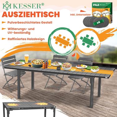 Розсувний садовий стіл KESSER® 180/240x90 см для 8 осіб, з розширенням, сталеве покриття, стільниця HDPE, вологостійкий, UV-стійкий, в комплекті 6 підставок