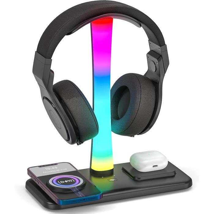 Підставка для навушників Jubor 3 в 1 RGB з бездротовим зарядним пристроєм 15W та 9 режимами підсвічування