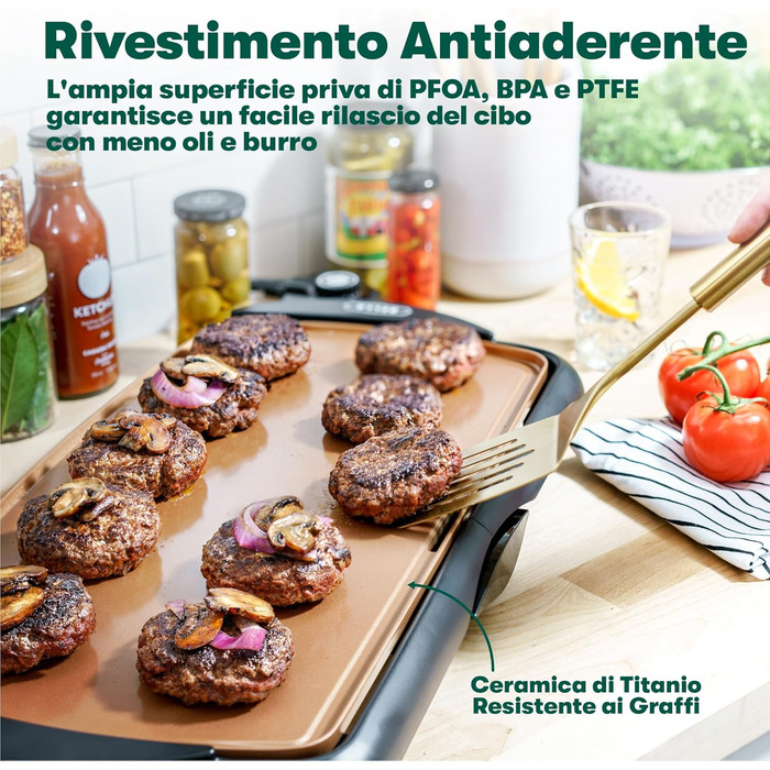 Електрична гриль-плита BELLA XL з керамічно-титановою поверхнею, для приготування 15 яєць одночасно, антипригарне покриття Healthy-Eco, велика глибока поверхня для приготування 30,5 x 56 см, колір: мідний/чорний