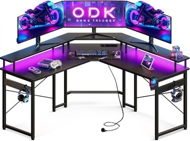 Ігровий стіл ODK 129x129 см з LED підсвічуванням, 2 розетки та USB зарядкою, стіл для ПК, комп'ютерний стіл, колір: чорний вуглеволокно
