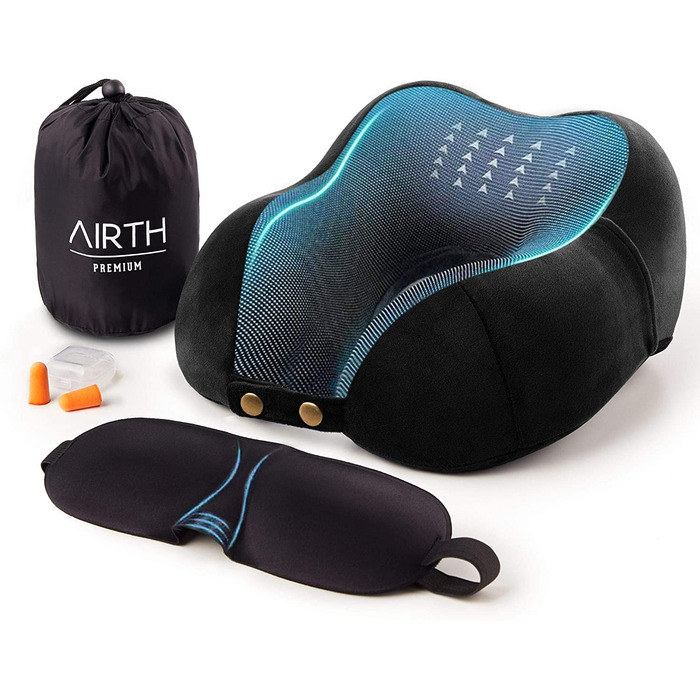 AIRTH® Преміум подушка для шиї у подорожах з memory foam - ергономічна підтримка шиї з знімним чохлом для максимального комфорту та розслаблення | Чорний, 2023