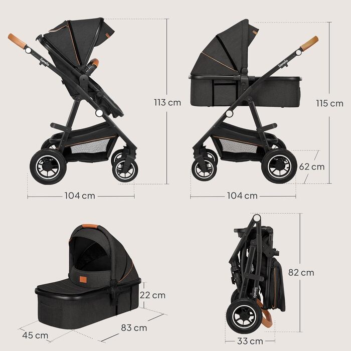 Комплект Lionelo Amber 3-в-1: коляска, ванночка для новонароджених, автокрісло i-Size, чорний